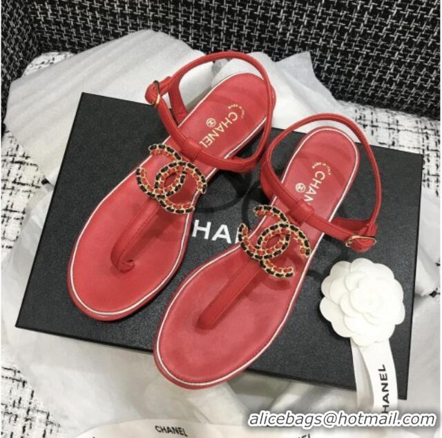 Popular Style Chanel Lambskin Flat Thong Sandals with Chain CC 040899 Red 2021