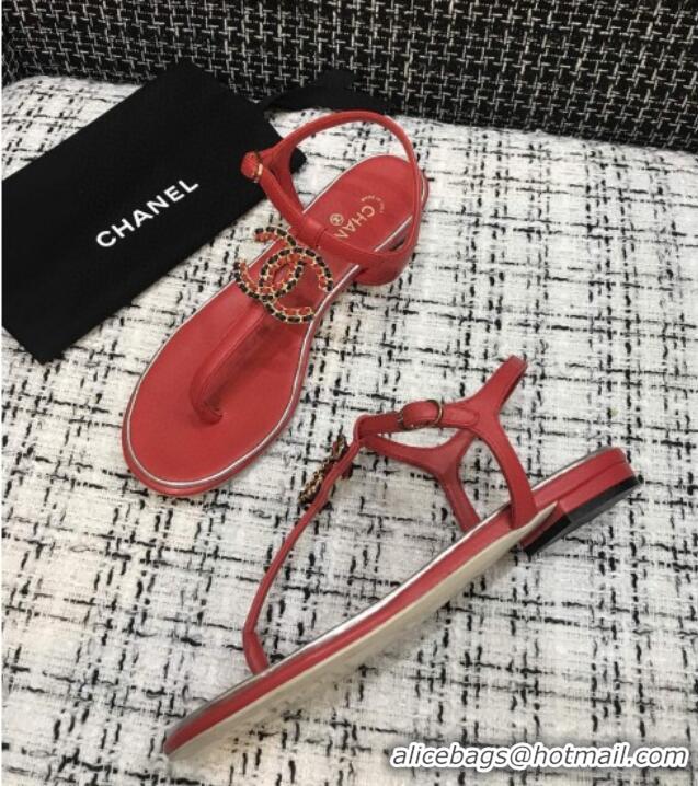 Popular Style Chanel Lambskin Flat Thong Sandals with Chain CC 040899 Red 2021