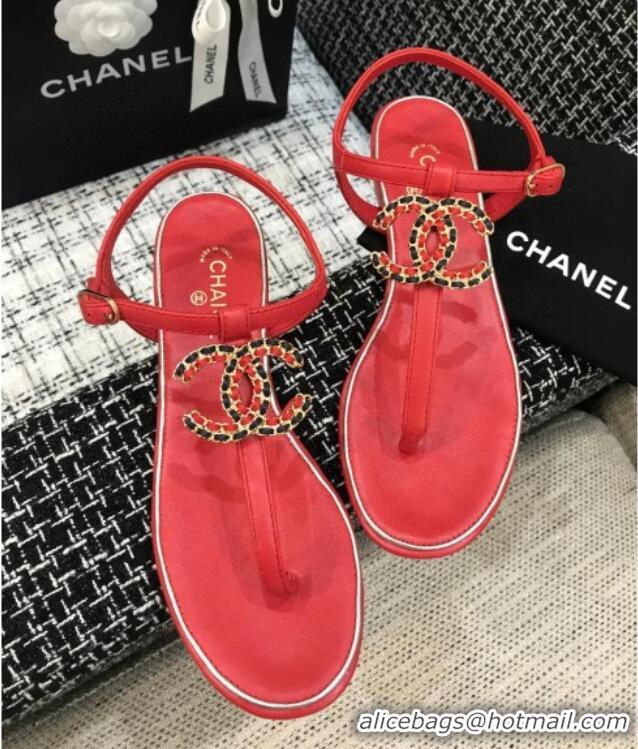 Popular Style Chanel Lambskin Flat Thong Sandals with Chain CC 040899 Red 2021