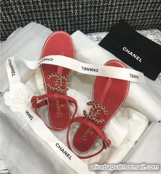 Popular Style Chanel Lambskin Flat Thong Sandals with Chain CC 040899 Red 2021