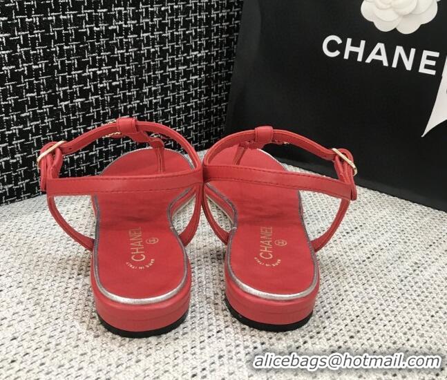 Popular Style Chanel Lambskin Flat Thong Sandals with Chain CC 040899 Red 2021