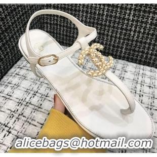 Low Price Chanel Lambskin Flat Thong Sandals with Chain CC 040899 White 2021