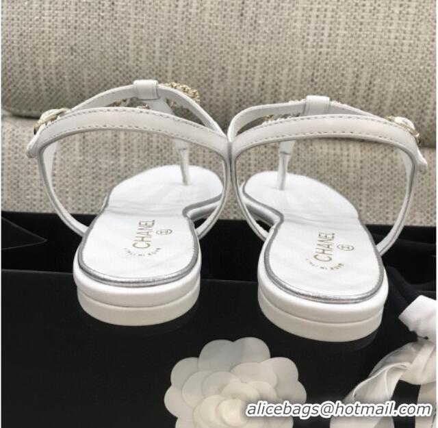 Low Price Chanel Lambskin Flat Thong Sandals with Chain CC 040899 White 2021