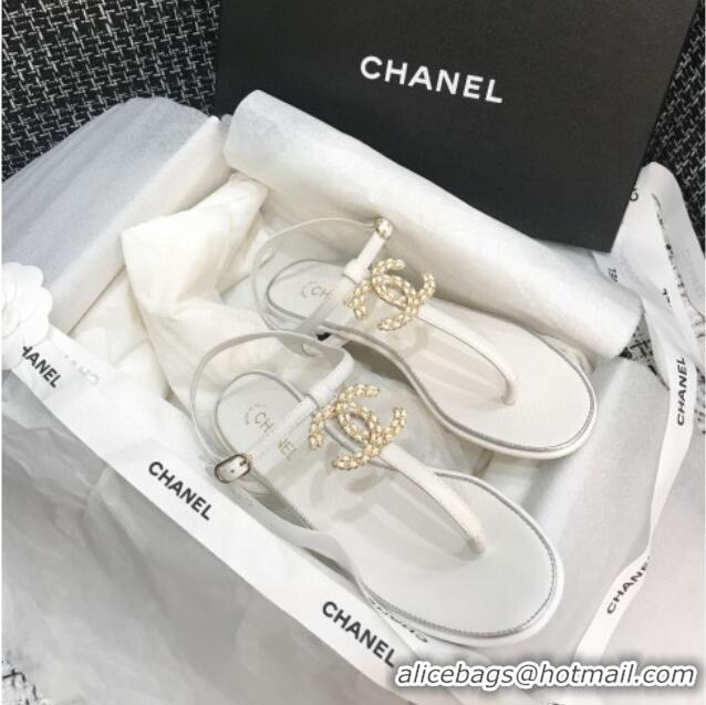 Low Price Chanel Lambskin Flat Thong Sandals with Chain CC 040899 White 2021