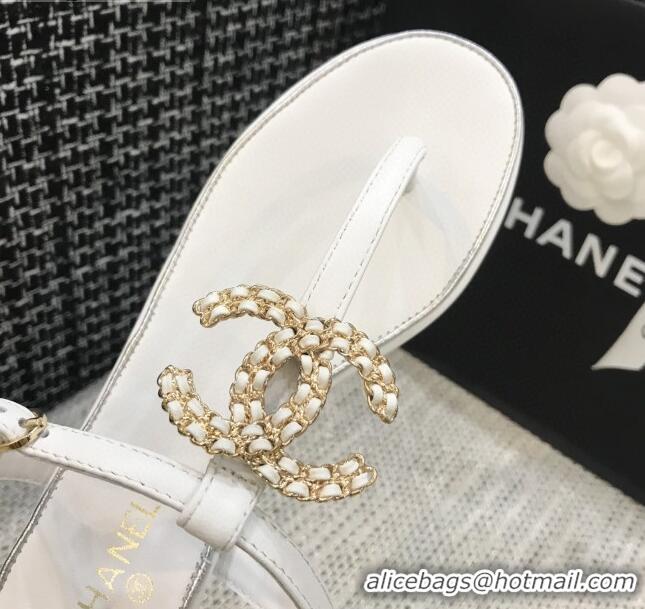 Low Price Chanel Lambskin Flat Thong Sandals with Chain CC 040899 White 2021