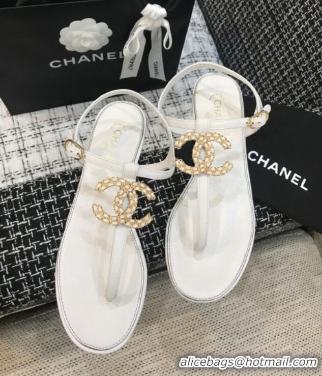 Low Price Chanel Lambskin Flat Thong Sandals with Chain CC 040899 White 2021