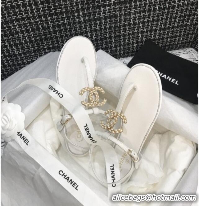 Low Price Chanel Lambskin Flat Thong Sandals with Chain CC 040899 White 2021