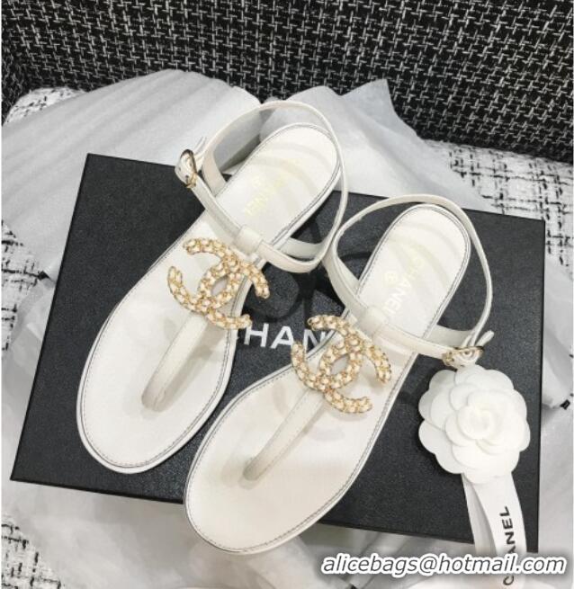 Low Price Chanel Lambskin Flat Thong Sandals with Chain CC 040899 White 2021