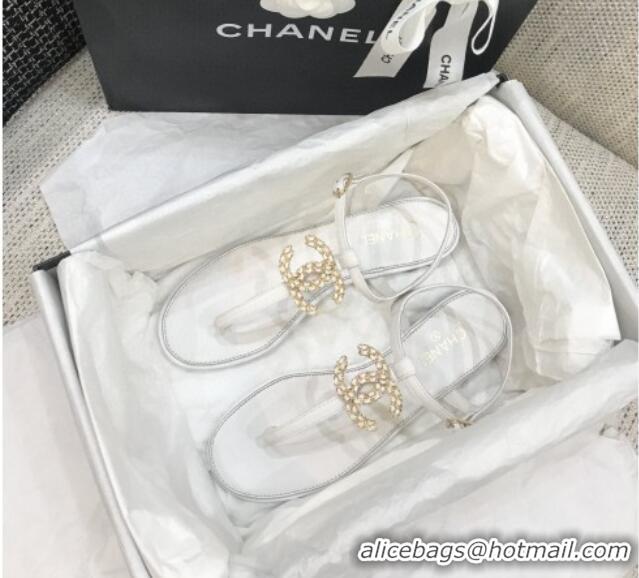 Low Price Chanel Lambskin Flat Thong Sandals with Chain CC 040899 White 2021