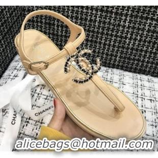 Refined Chanel Lambskin Flat Thong Sandals with Chain CC 040899 Beige 2021