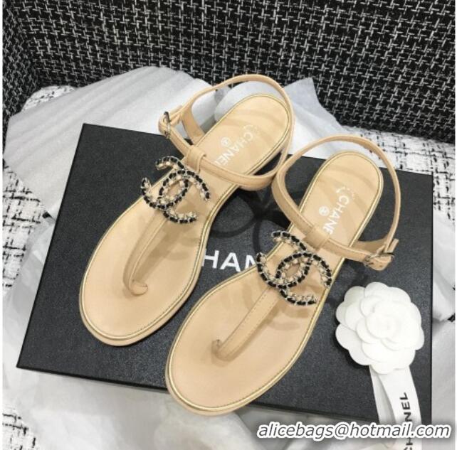 Refined Chanel Lambskin Flat Thong Sandals with Chain CC 040899 Beige 2021