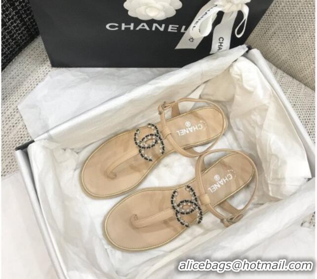 Refined Chanel Lambskin Flat Thong Sandals with Chain CC 040899 Beige 2021