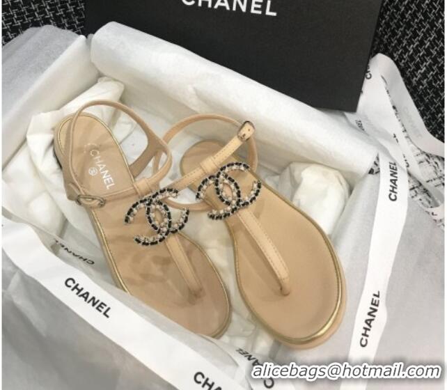 Refined Chanel Lambskin Flat Thong Sandals with Chain CC 040899 Beige 2021