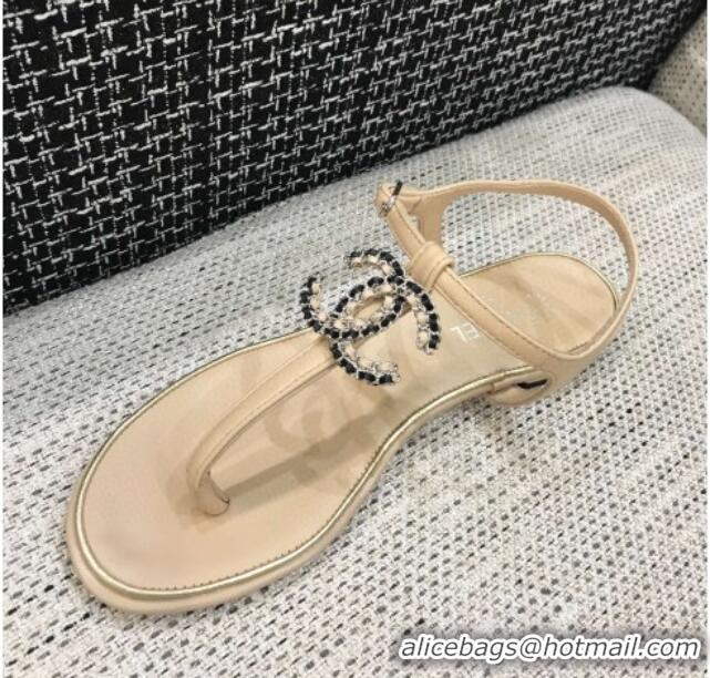 Refined Chanel Lambskin Flat Thong Sandals with Chain CC 040899 Beige 2021