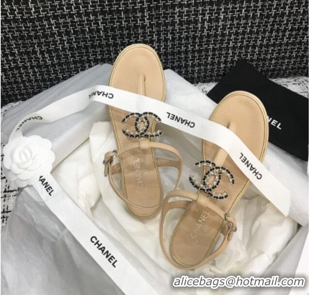 Refined Chanel Lambskin Flat Thong Sandals with Chain CC 040899 Beige 2021