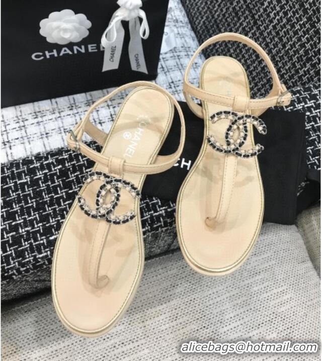 Refined Chanel Lambskin Flat Thong Sandals with Chain CC 040899 Beige 2021