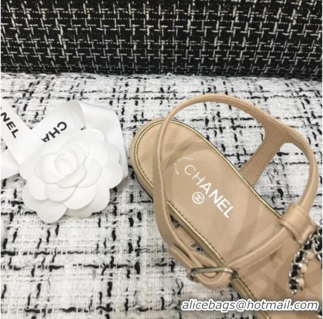 Refined Chanel Lambskin Flat Thong Sandals with Chain CC 040899 Beige 2021