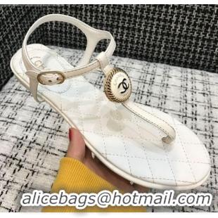 Luxurious Chanel Lambskin Flat Thong Sandals with Button Charm 408104 White