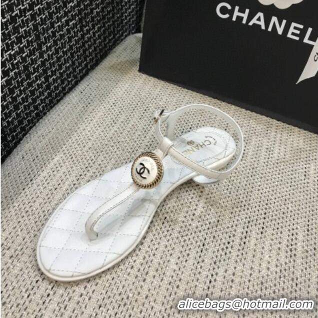 Luxurious Chanel Lambskin Flat Thong Sandals with Button Charm 408104 White