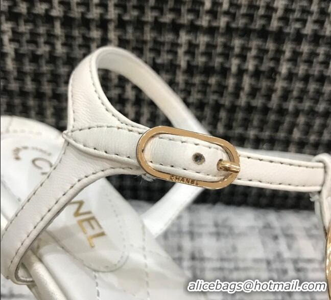 Luxurious Chanel Lambskin Flat Thong Sandals with Button Charm 408104 White