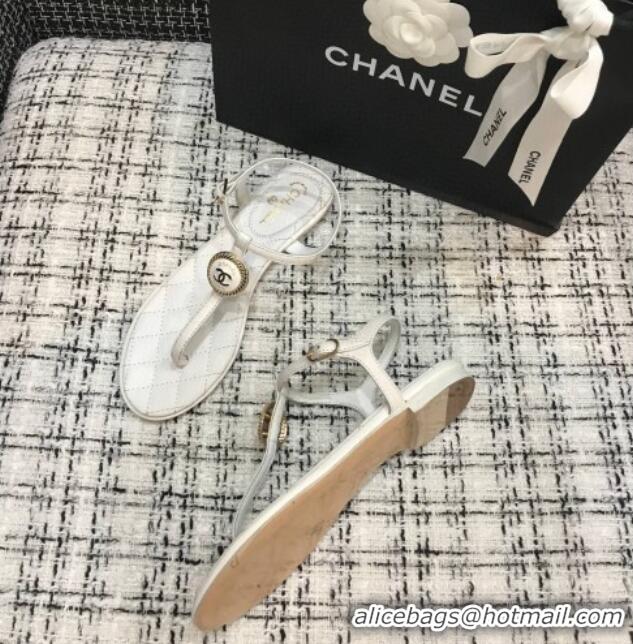 Luxurious Chanel Lambskin Flat Thong Sandals with Button Charm 408104 White