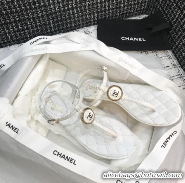 Luxurious Chanel Lambskin Flat Thong Sandals with Button Charm 408104 White