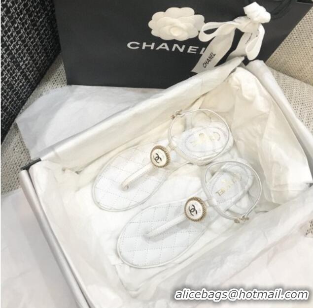 Luxurious Chanel Lambskin Flat Thong Sandals with Button Charm 408104 White