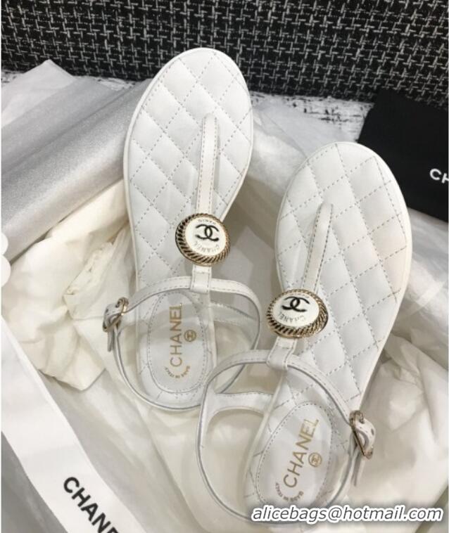 Luxurious Chanel Lambskin Flat Thong Sandals with Button Charm 408104 White