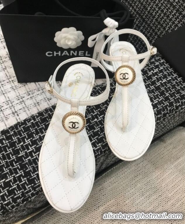 Luxurious Chanel Lambskin Flat Thong Sandals with Button Charm 408104 White