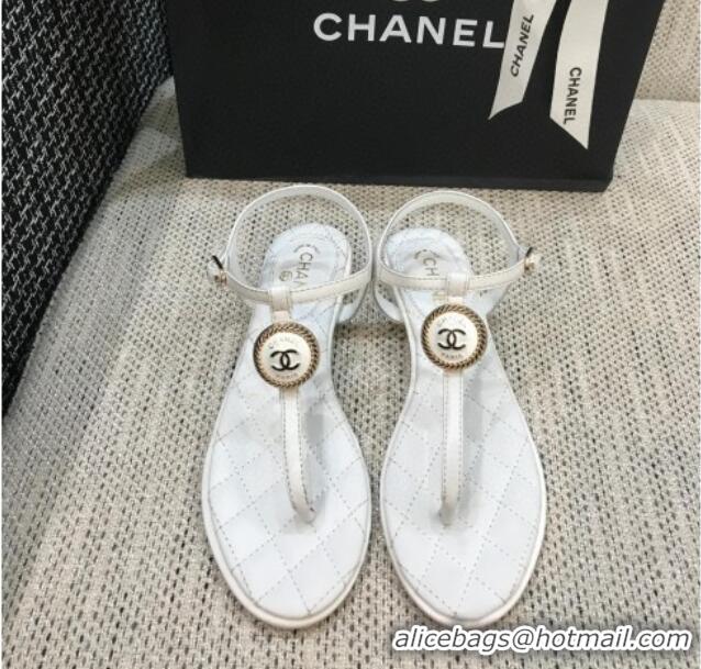 Luxurious Chanel Lambskin Flat Thong Sandals with Button Charm 408104 White