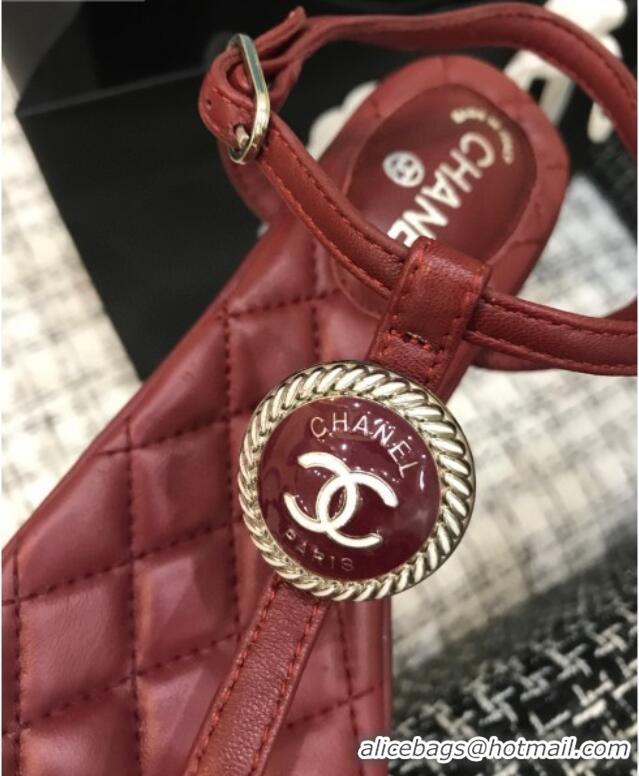 Custom Chanel Lambskin Flat Thong Sandals with Button Charm 408104 Burgundy