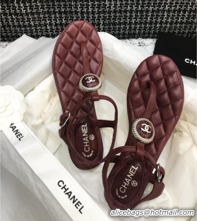 Custom Chanel Lambskin Flat Thong Sandals with Button Charm 408104 Burgundy