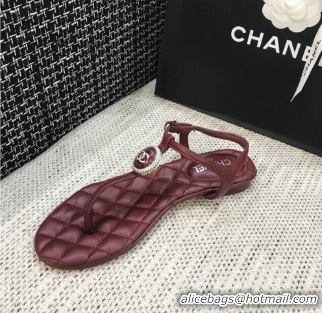 Custom Chanel Lambskin Flat Thong Sandals with Button Charm 408104 Burgundy