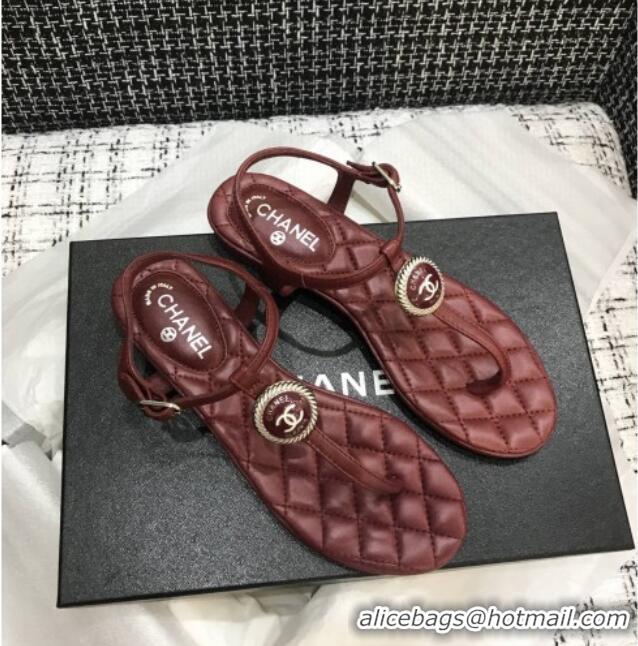 Custom Chanel Lambskin Flat Thong Sandals with Button Charm 408104 Burgundy