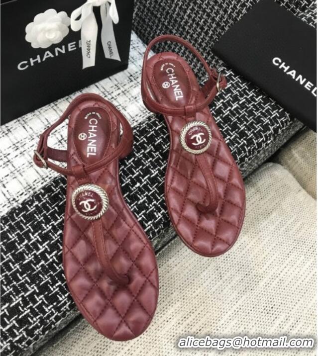 Custom Chanel Lambskin Flat Thong Sandals with Button Charm 408104 Burgundy