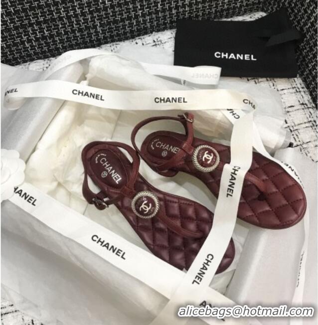 Custom Chanel Lambskin Flat Thong Sandals with Button Charm 408104 Burgundy