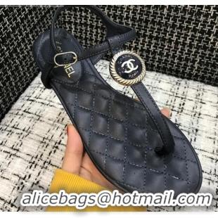 Most Popular Chanel Lambskin Flat Thong Sandals with Button Charm 408104 Dark Blue