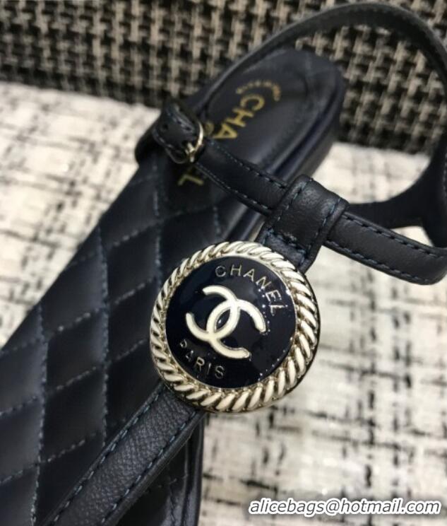 Most Popular Chanel Lambskin Flat Thong Sandals with Button Charm 408104 Dark Blue