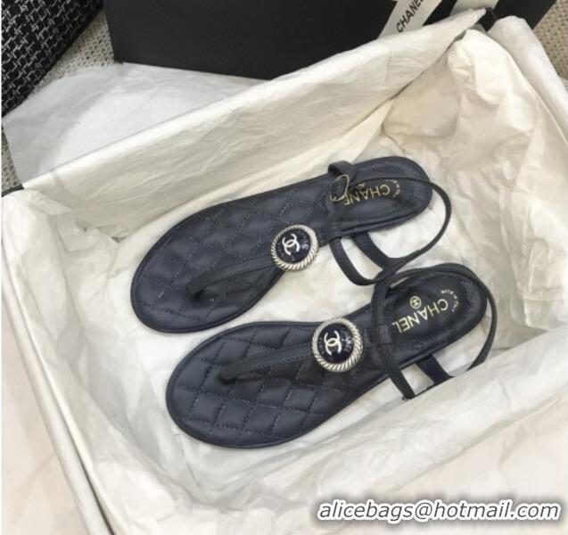 Most Popular Chanel Lambskin Flat Thong Sandals with Button Charm 408104 Dark Blue