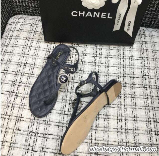 Most Popular Chanel Lambskin Flat Thong Sandals with Button Charm 408104 Dark Blue