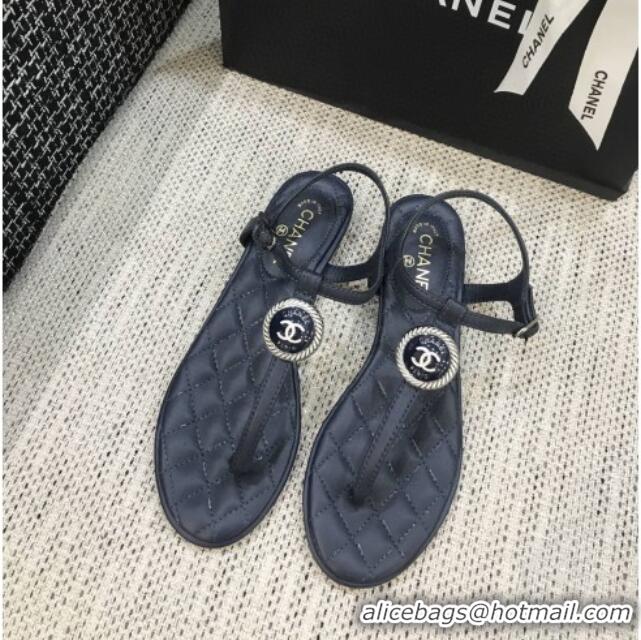 Most Popular Chanel Lambskin Flat Thong Sandals with Button Charm 408104 Dark Blue