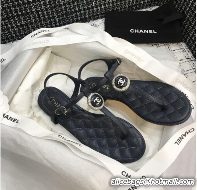 Most Popular Chanel Lambskin Flat Thong Sandals with Button Charm 408104 Dark Blue