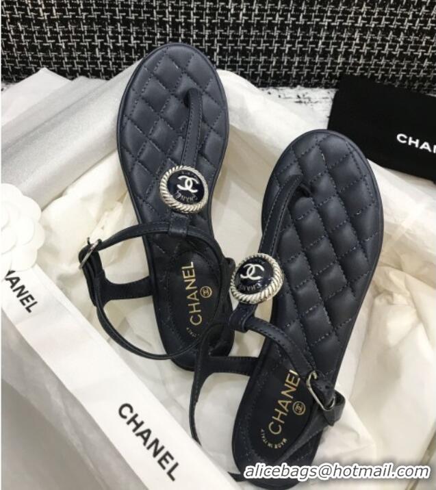 Most Popular Chanel Lambskin Flat Thong Sandals with Button Charm 408104 Dark Blue