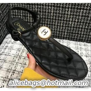 Good Taste Chanel Lambskin Flat Thong Sandals with Button Charm 408104 Black