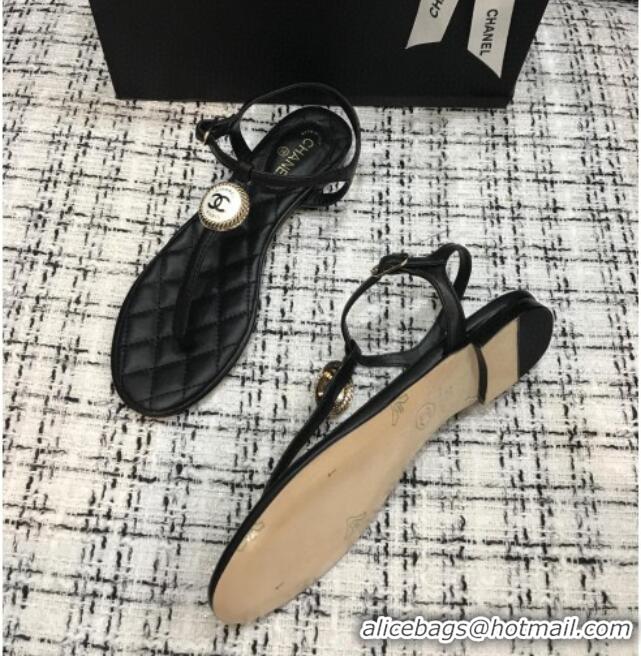 Good Taste Chanel Lambskin Flat Thong Sandals with Button Charm 408104 Black