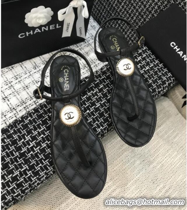 Good Taste Chanel Lambskin Flat Thong Sandals with Button Charm 408104 Black