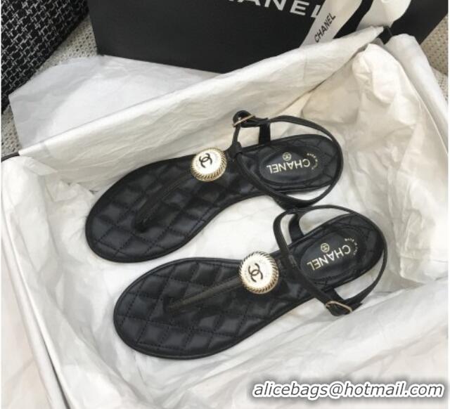 Good Taste Chanel Lambskin Flat Thong Sandals with Button Charm 408104 Black