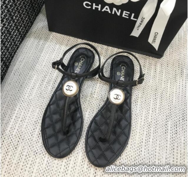 Good Taste Chanel Lambskin Flat Thong Sandals with Button Charm 408104 Black