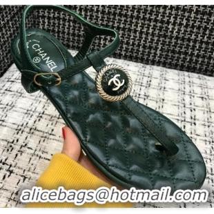 Lower Price Chanel Lambskin Flat Thong Sandals with Button Charm 408104 Dark Green