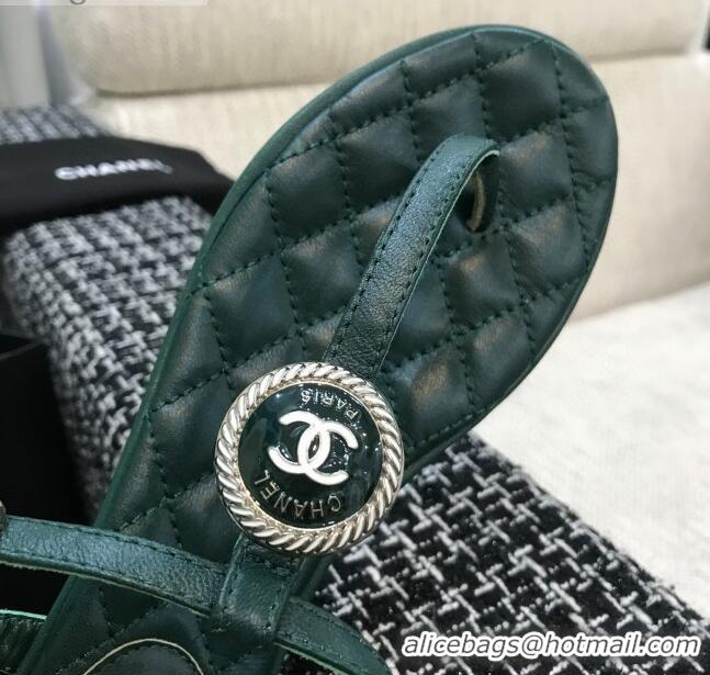 Lower Price Chanel Lambskin Flat Thong Sandals with Button Charm 408104 Dark Green